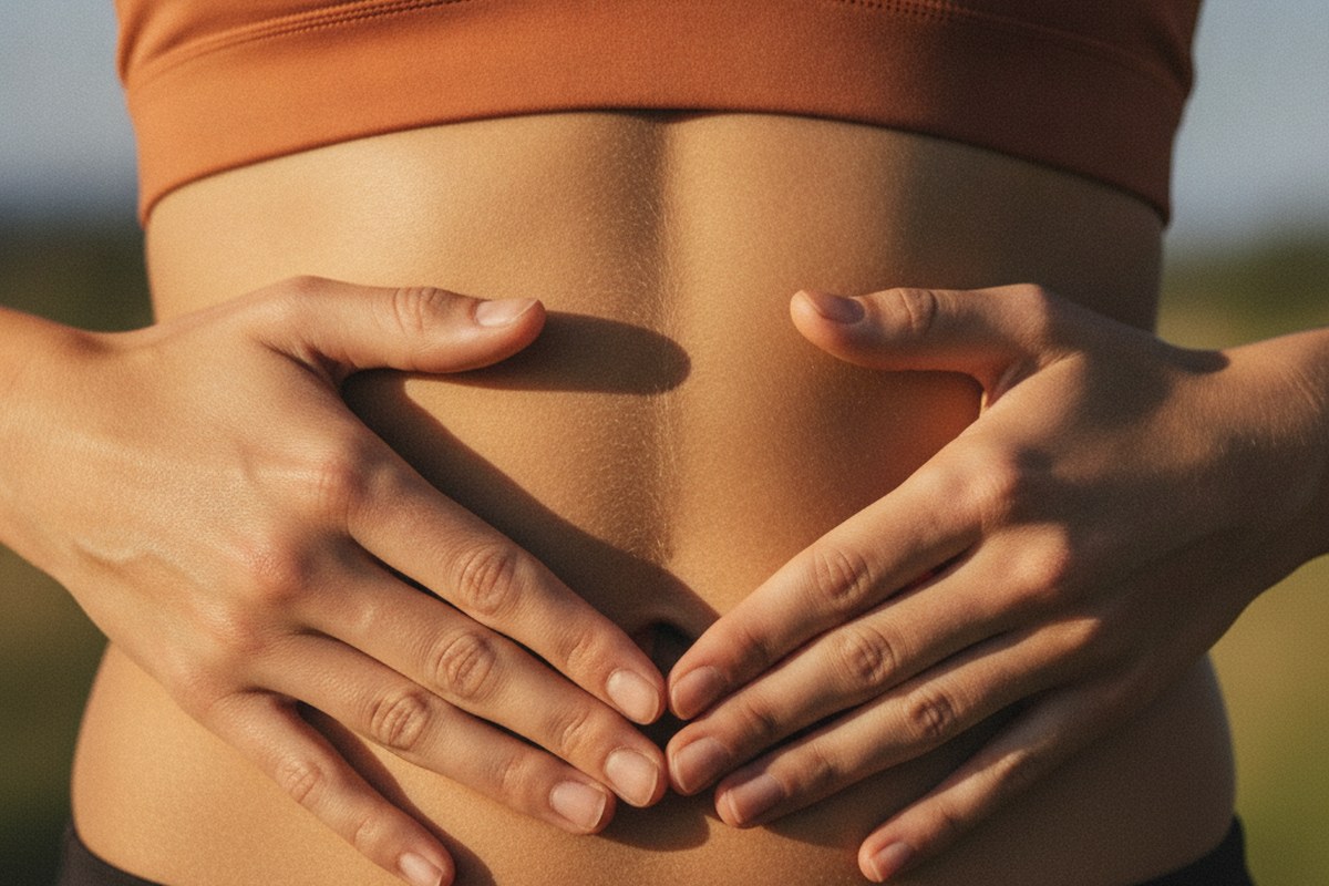 Gros plan sur deux mains posées doucement sur le ventre, geste de respiration abdominale