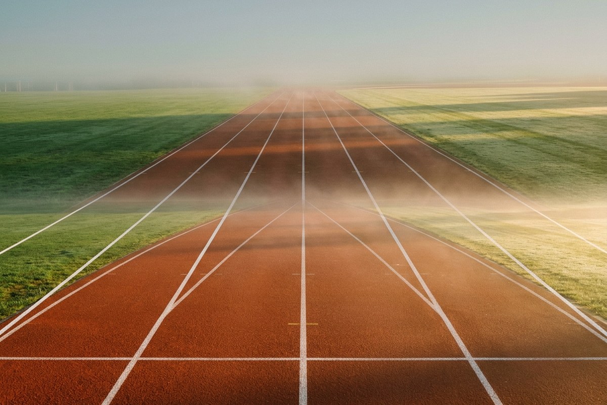 Piste d'athlétisme vide baignée de lumière dorée au petit matin