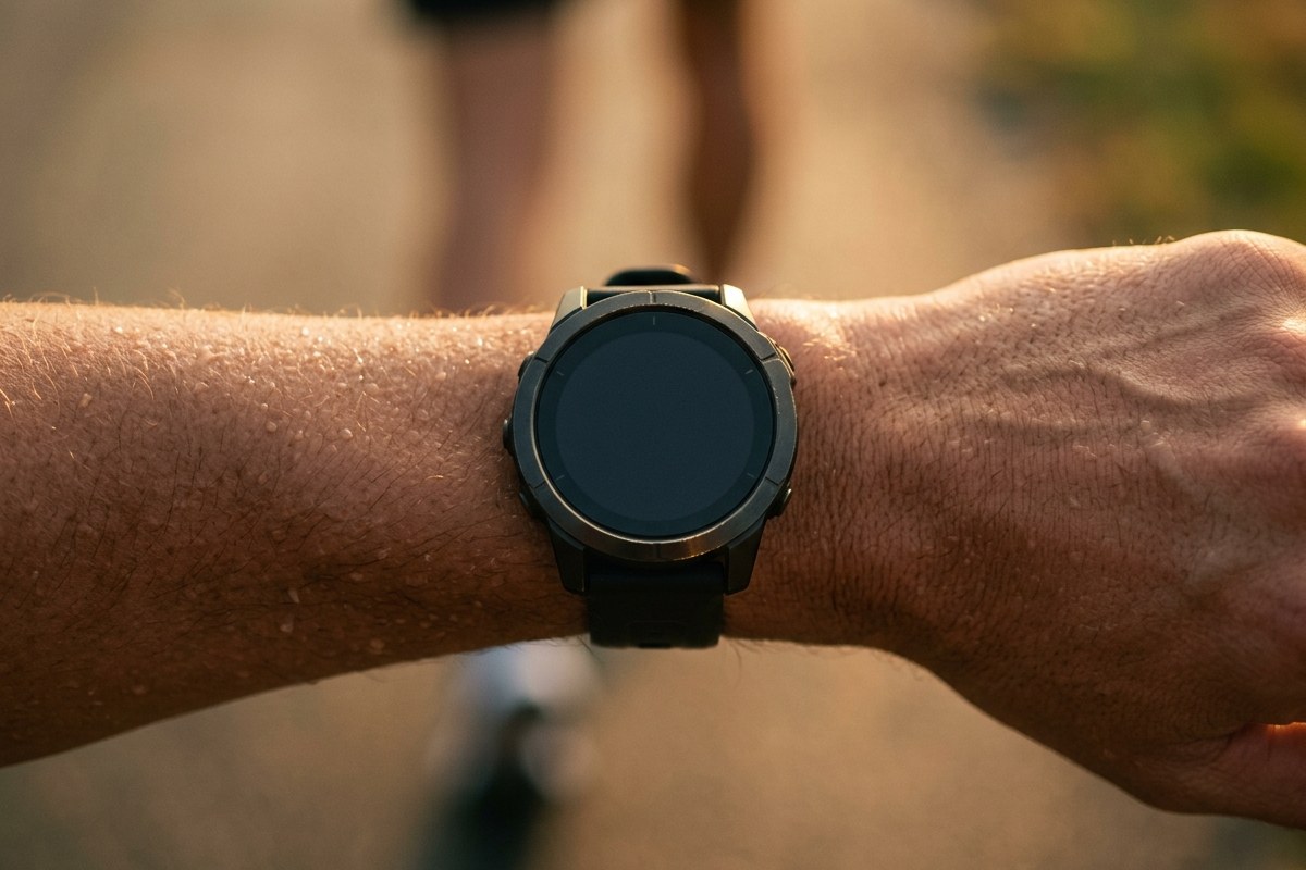 Gros plan sur une montre GPS au poignet d'un coureur avec la foulée figée au sol