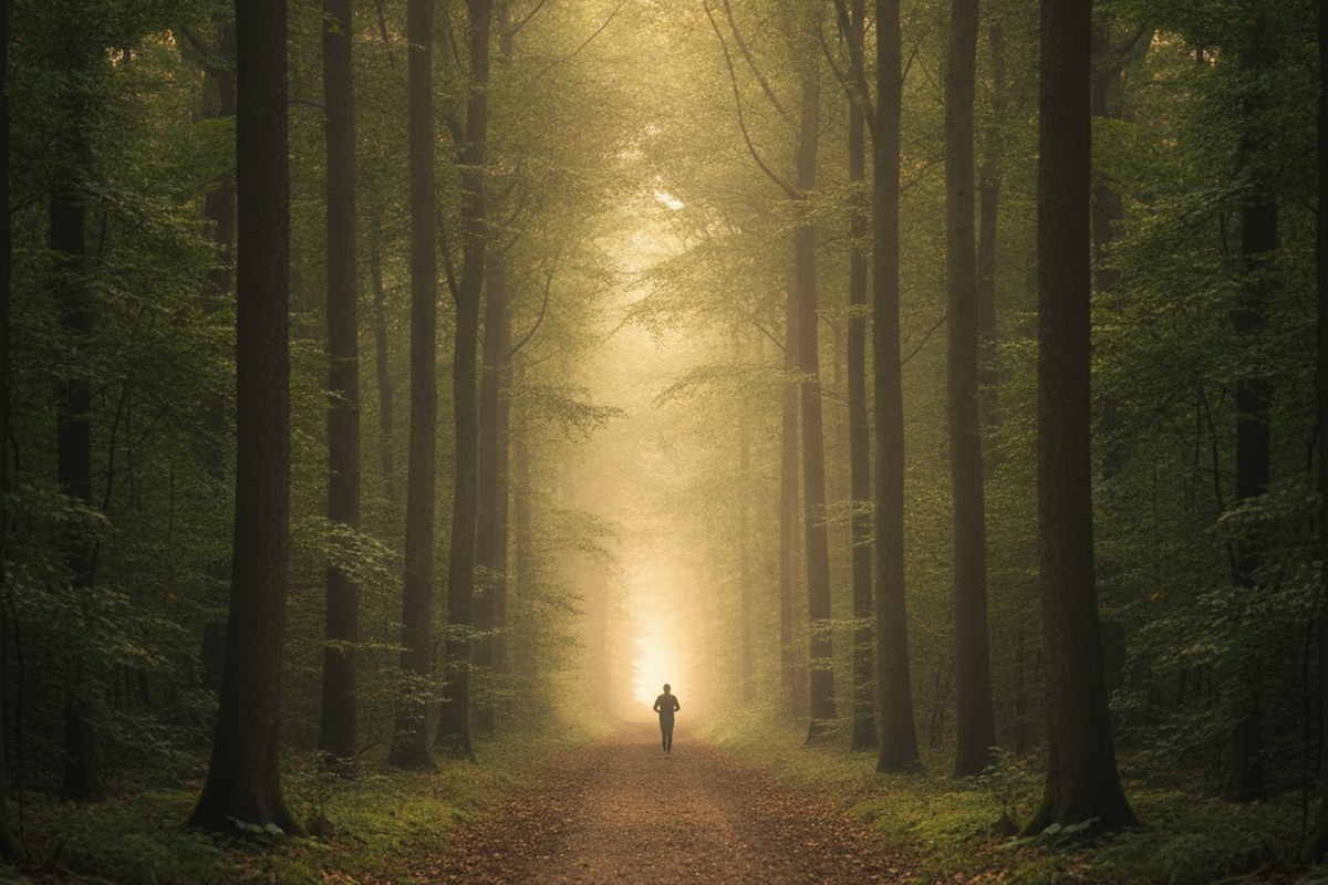 Sentier forestier avec un coureur silhouette au loin, lumière dorée du matin