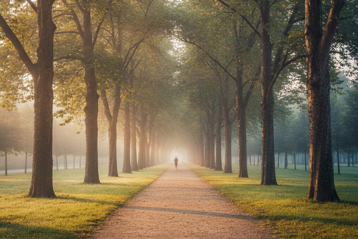 Sentier de parc au lever du soleil avec lumiere doree filtrant a travers les arbres