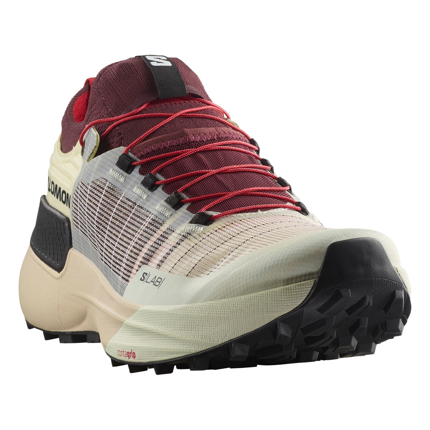 Salomon S/Lab Genesis vue trois-quarts face, coloris Almond Milk et Bordeaux