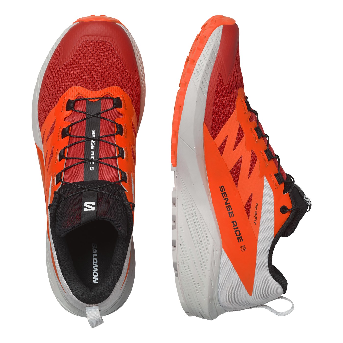 Salomon Sense Ride 5 vue trois-quarts face, coloris orange et blanc