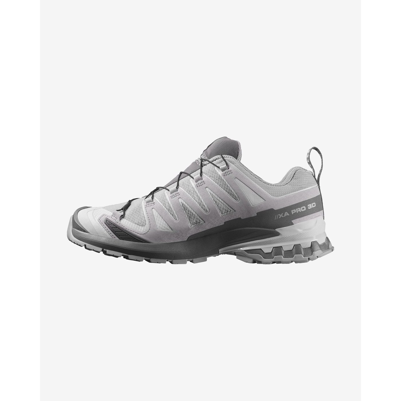 Salomon XA Pro 3D V9 vue intérieure, marquage XA PRO 3D sur le flanc, coloris gris
