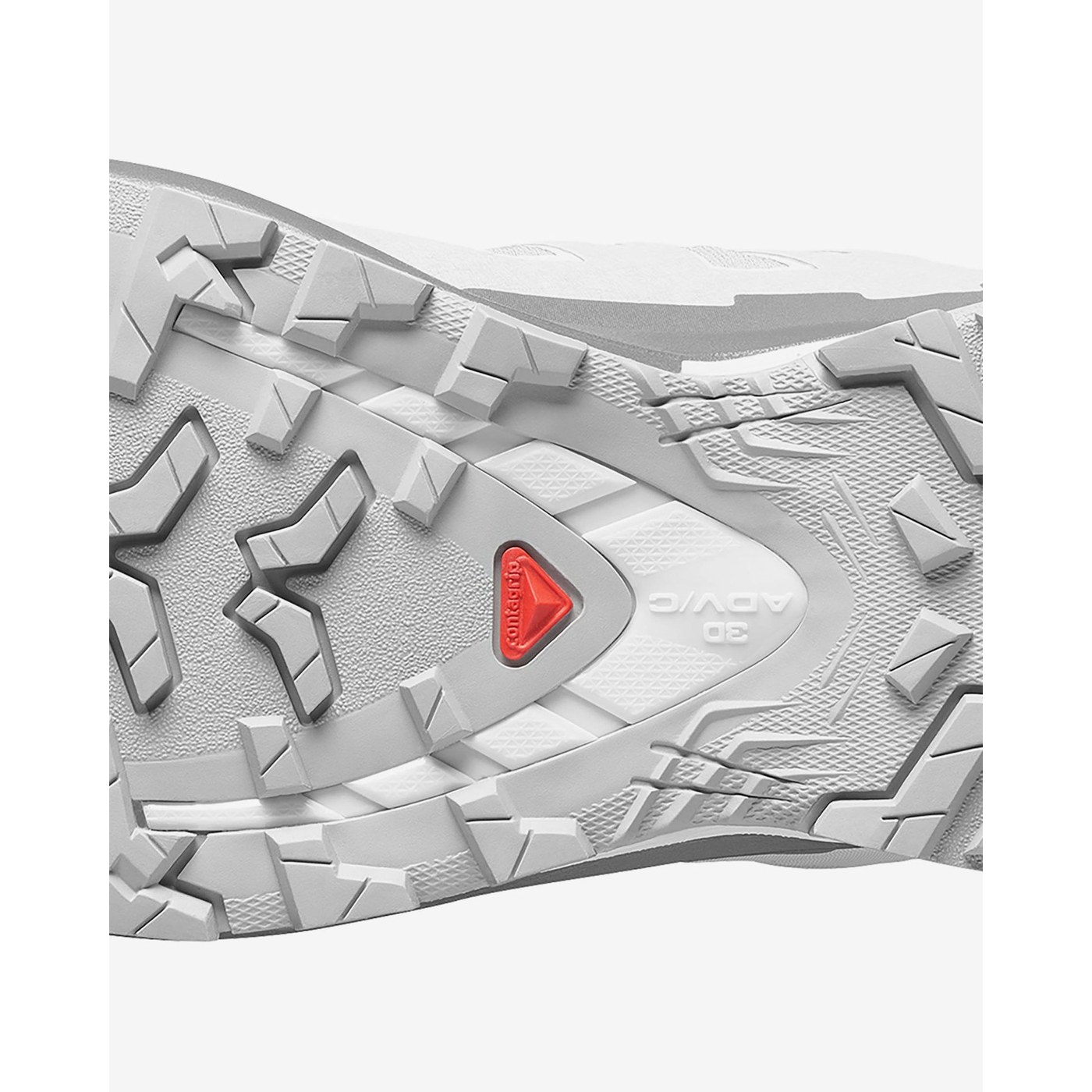 Salomon XA Pro 3D V9 semelle All Terrain Contagrip, détail des crampons et du châssis 3D rouge