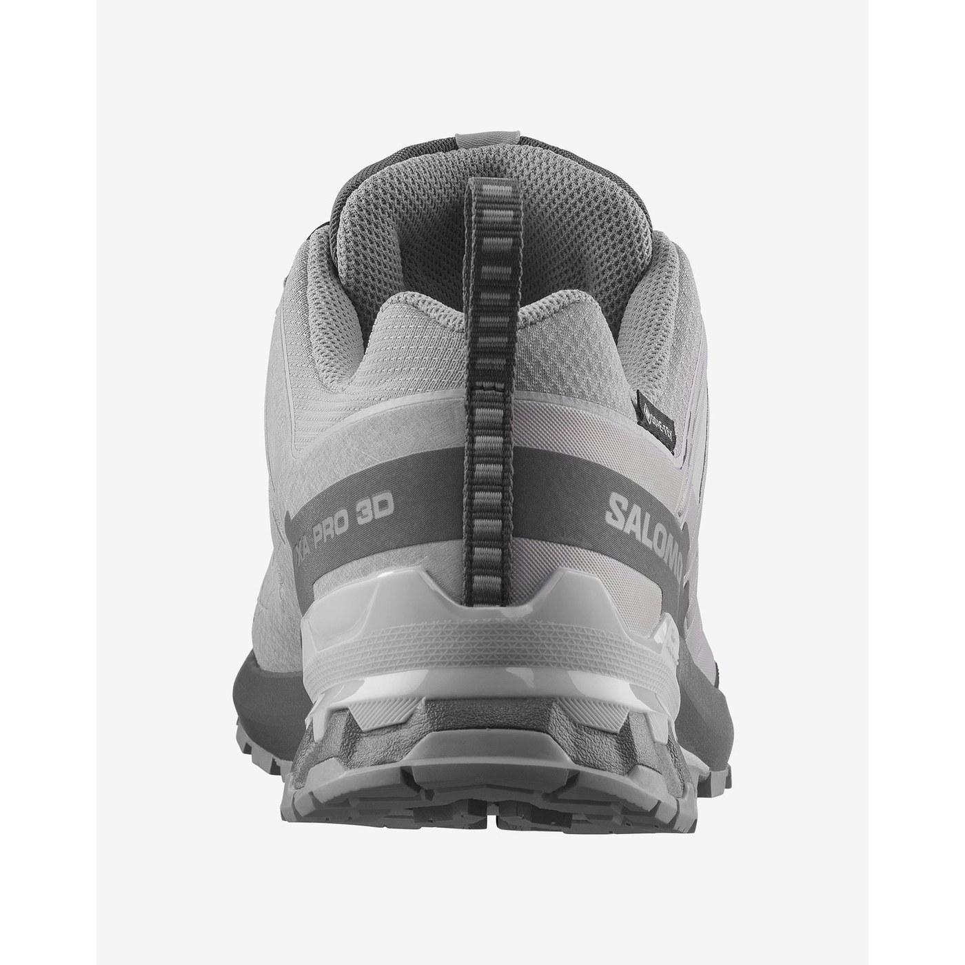 Salomon XA Pro 3D V9 vue arrière du talon, contrefort structuré et tirette, coloris gris