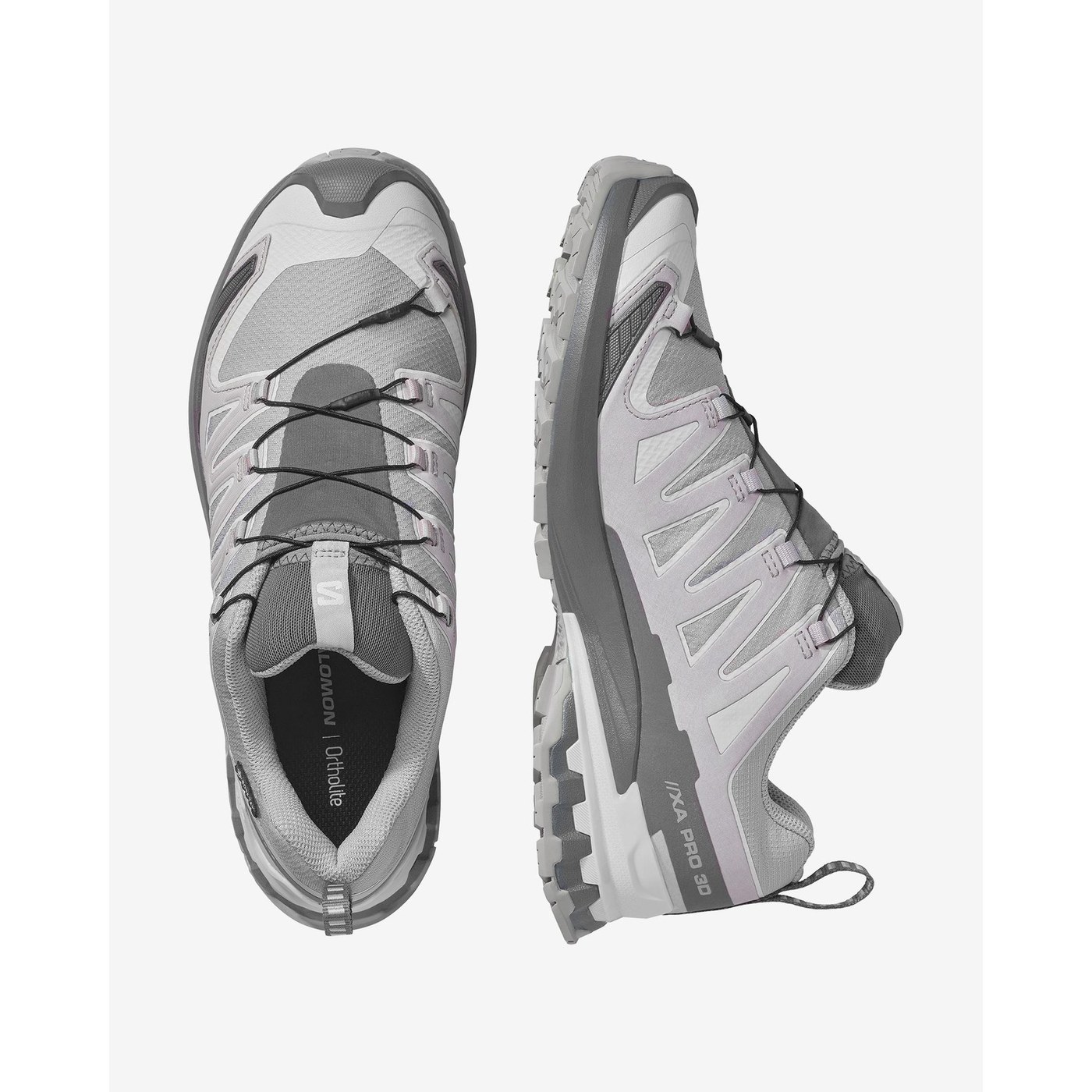 Salomon XA Pro 3D V9 paire vue de dessus, laçage Quicklace et semelle intérieure Ortholite