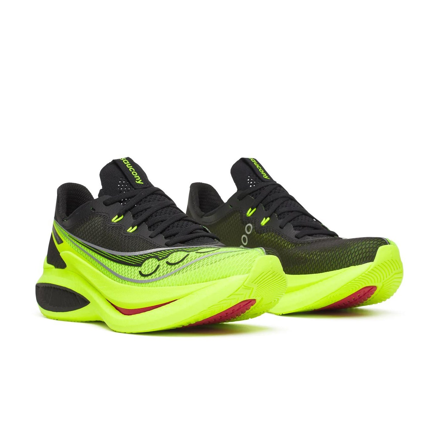 Saucony Endorphin Pro 5 vue trois-quarts face, coloris jaune fluo et noir