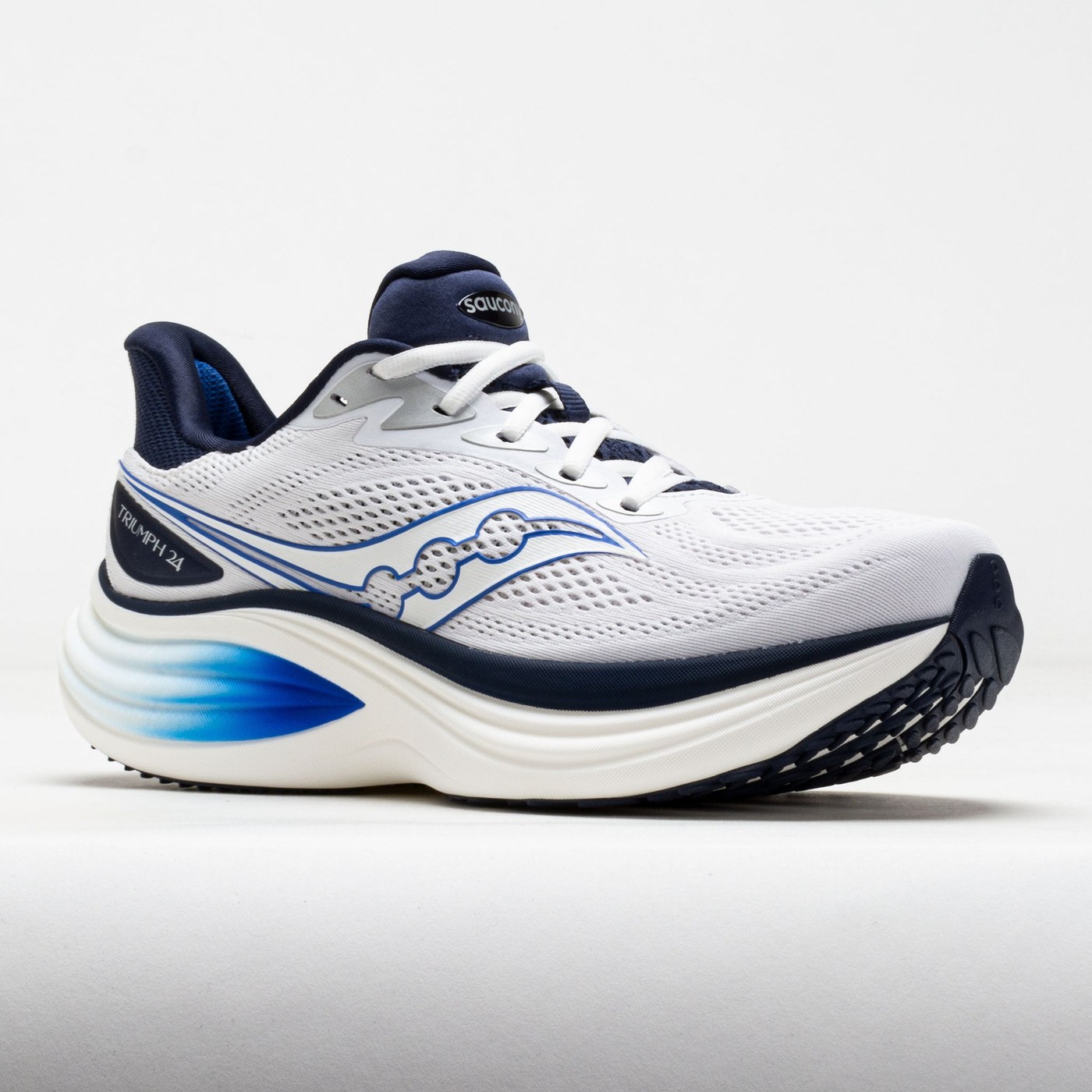 Saucony Triumph 24 : vue complémentaire du coloris White/Naval, détail du logo Saucony sur le flanc