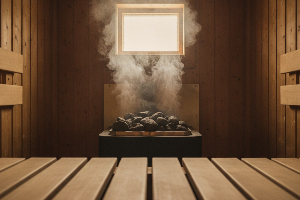 Intérieur de sauna finlandais avec pierres chaudes et vapeur montant