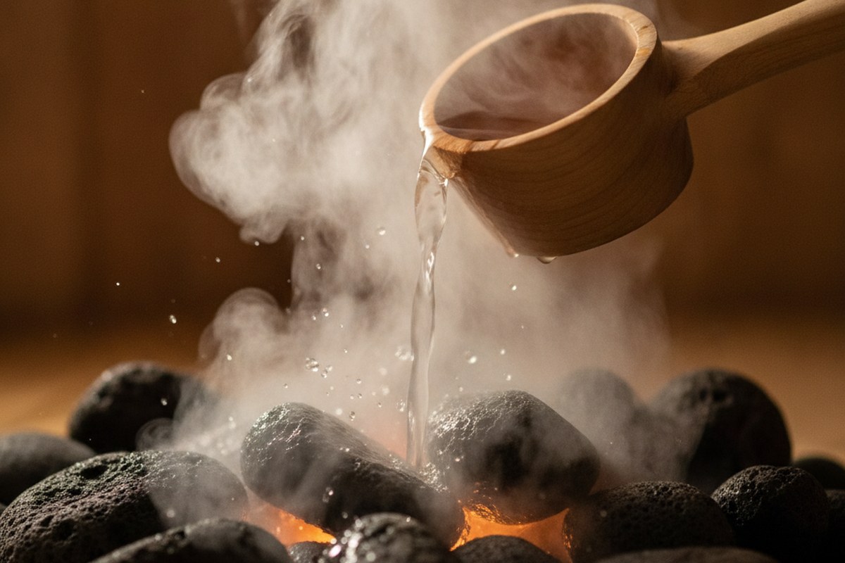 Louche en bois versant de l'eau sur des pierres chaudes de sauna avec jet de vapeur
