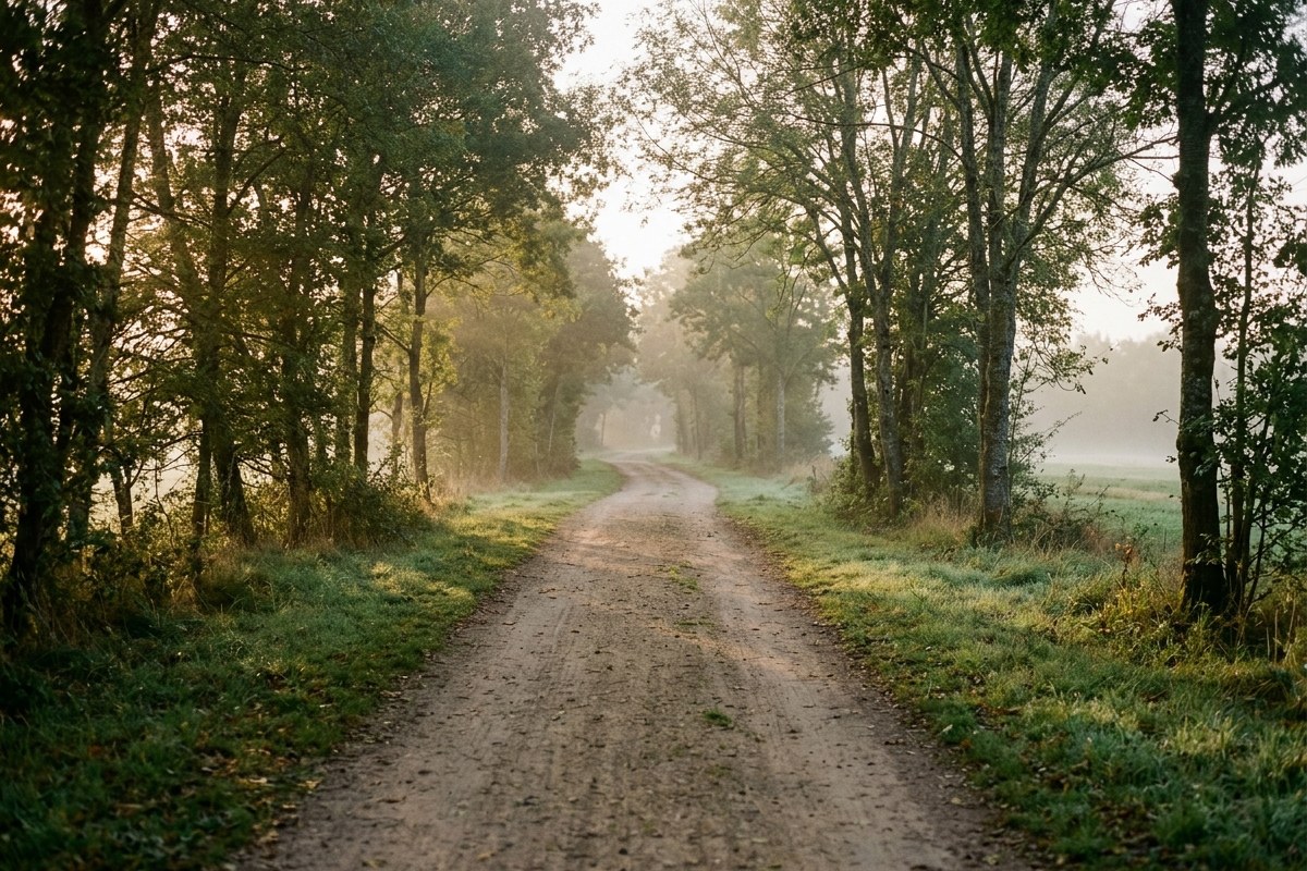 Chemin de campagne vide et brumeux au petit matin, bordé d'arbres