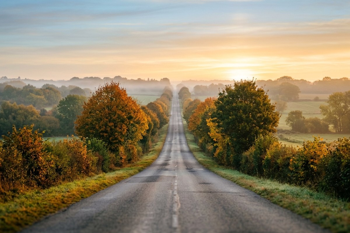 Route de campagne vide traversant une allée d'arbres aux premières couleurs d'automne au lever du jour