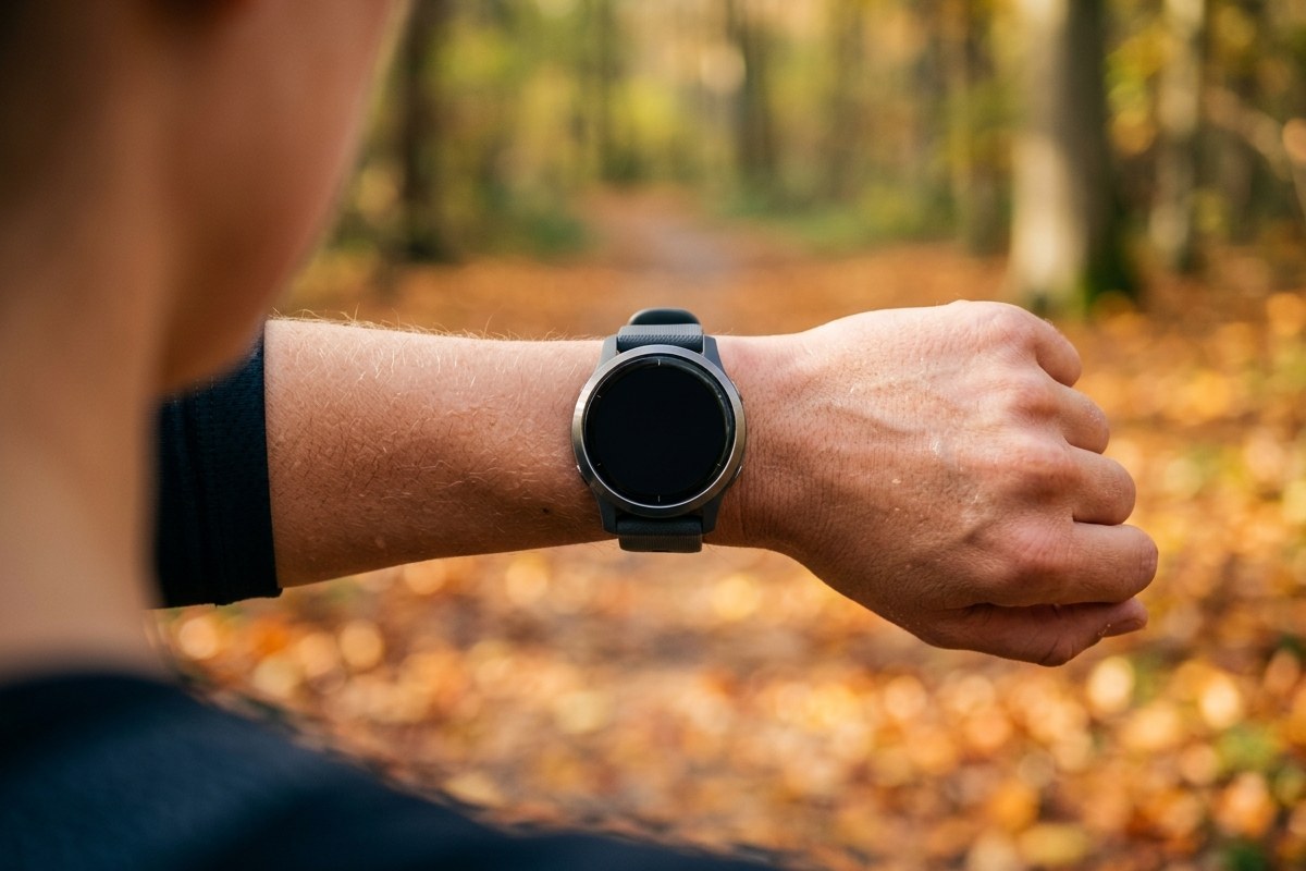 Gros plan sur une montre GPS de running au poignet d'un coureur sur un chemin automnal