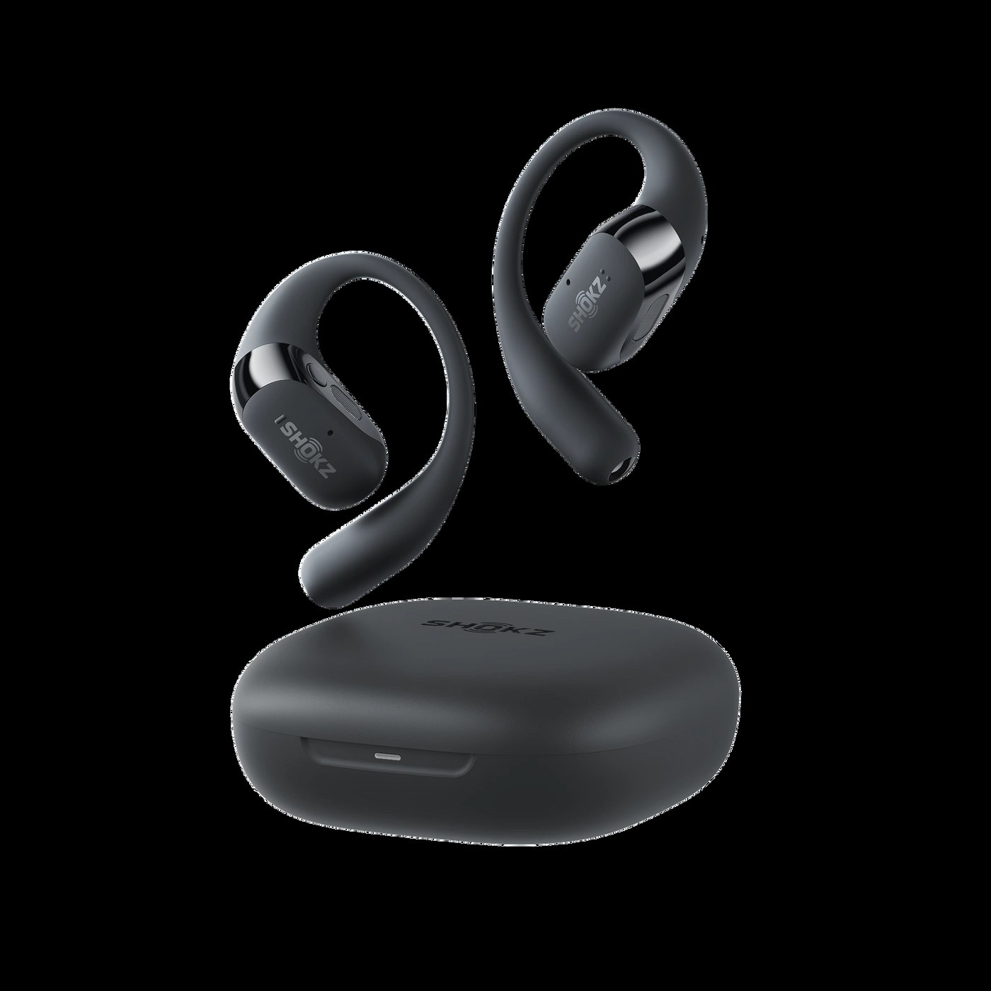 Shokz OpenFit 2 écouteur et boîtier de charge, vue trois quarts
