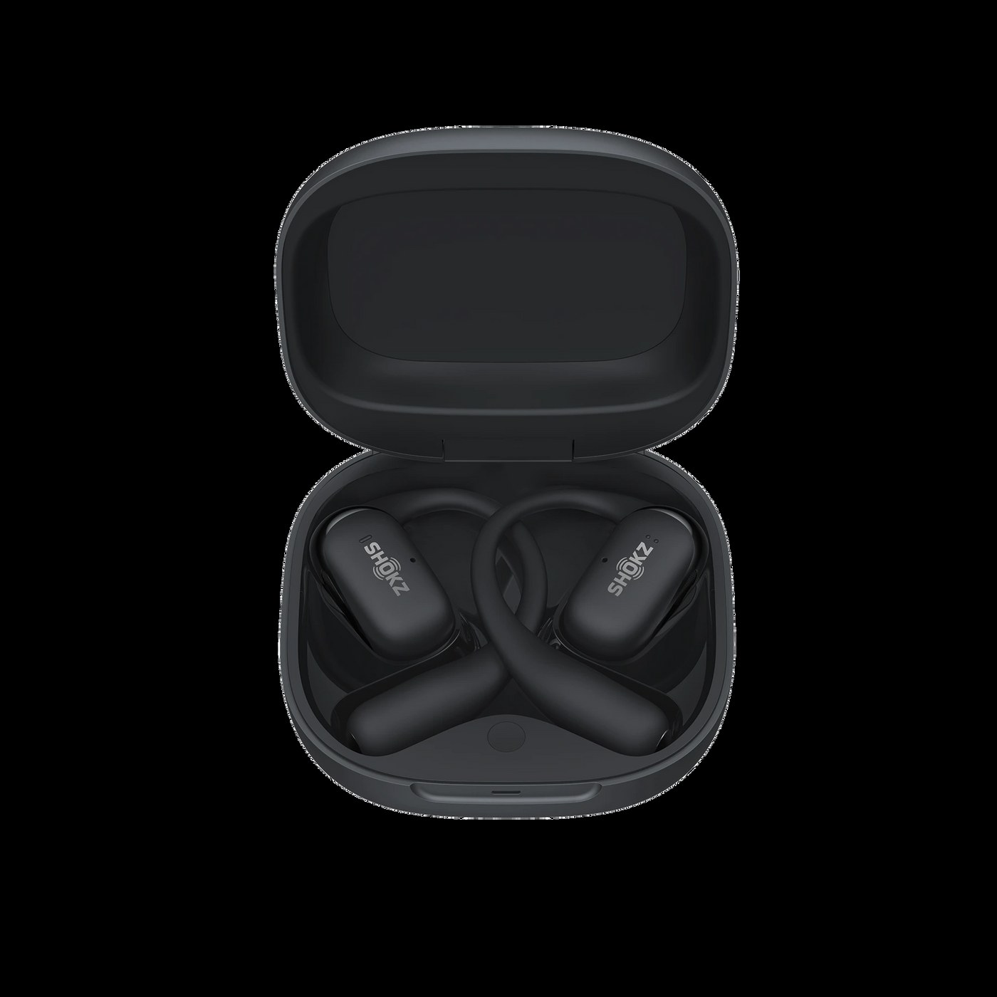 Shokz OpenFit 2 boîtier de charge ouvert avec les deux écouteurs