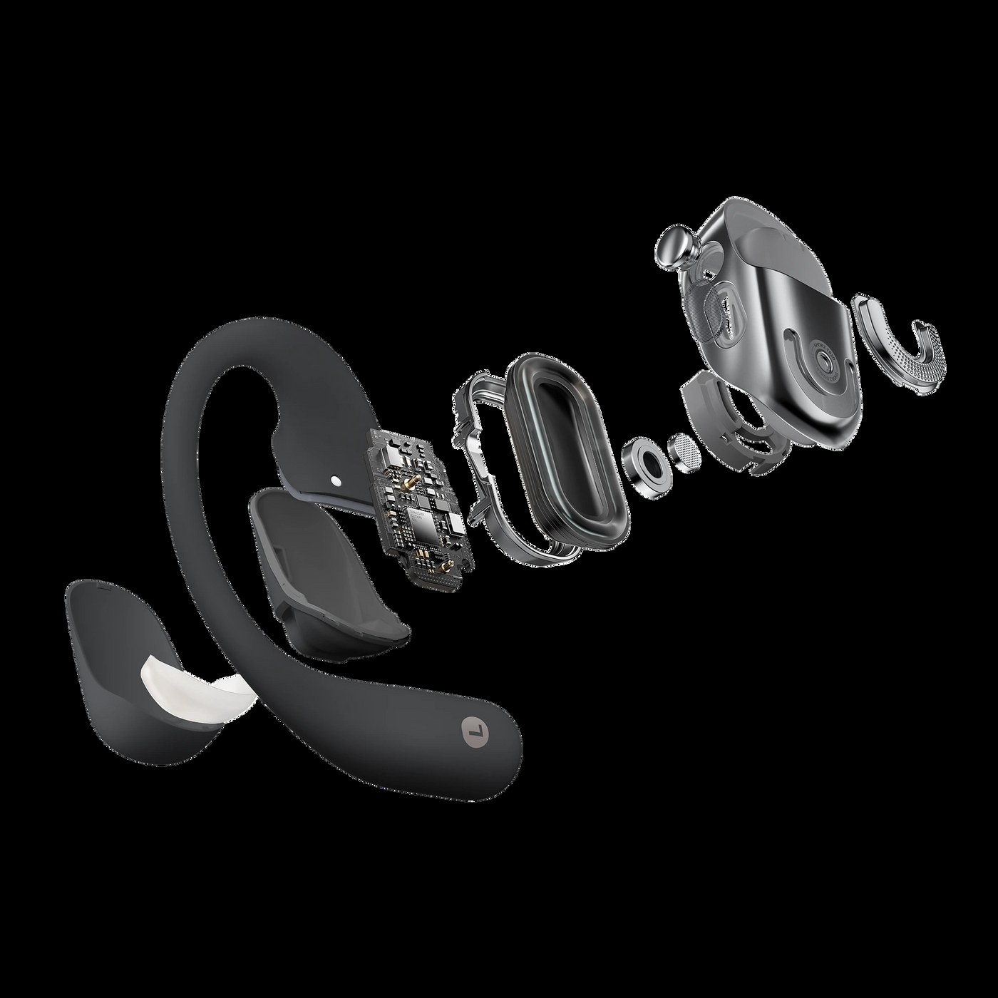 Shokz OpenFit 2 vue éclatée des composants de l'écouteur open-ear