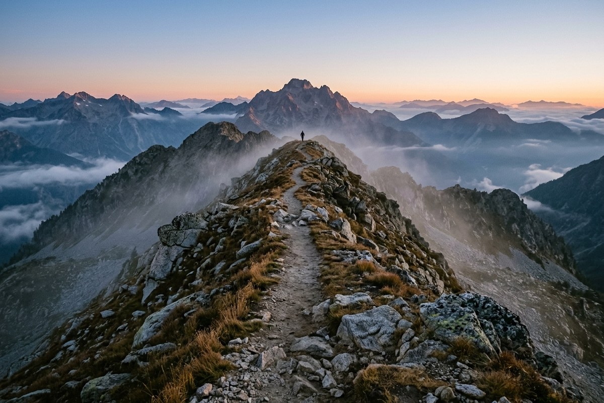 Sentier de crête en haute montagne au lever du jour avec une silhouette lointaine de coureur