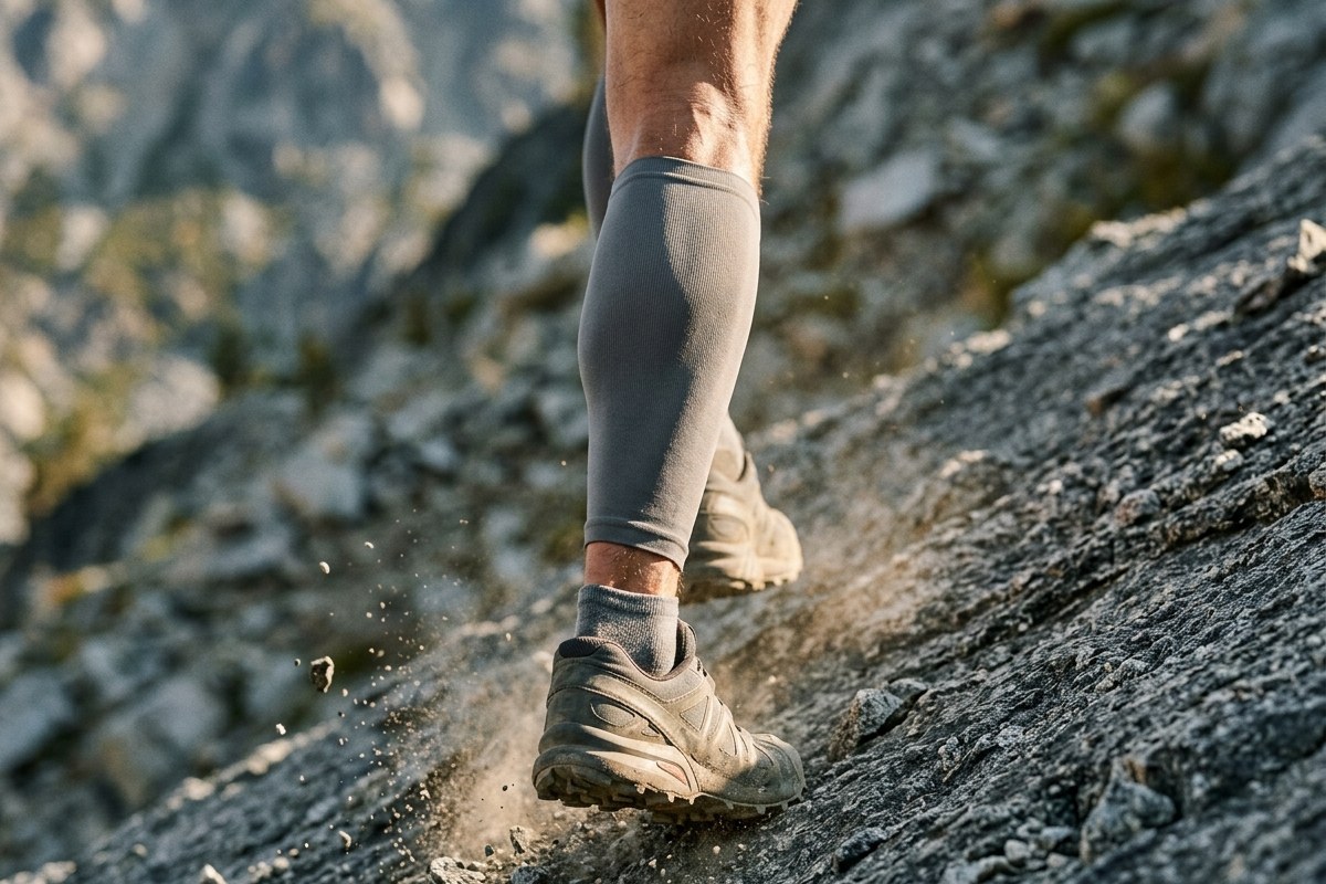 Gros plan sur les mollets d'un coureur en plein effort sur une pente rocheuse