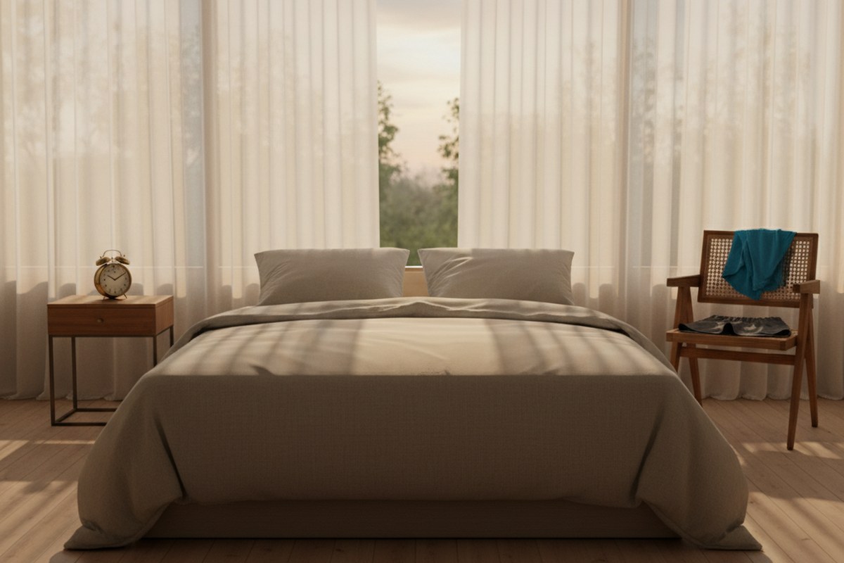 Chambre calme a l'aube avec un lit prepare et une tenue de running posee sur une chaise