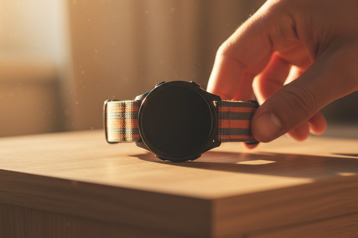 Gros plan sur une montre GPS de coureur posee sur une table de chevet au reveil