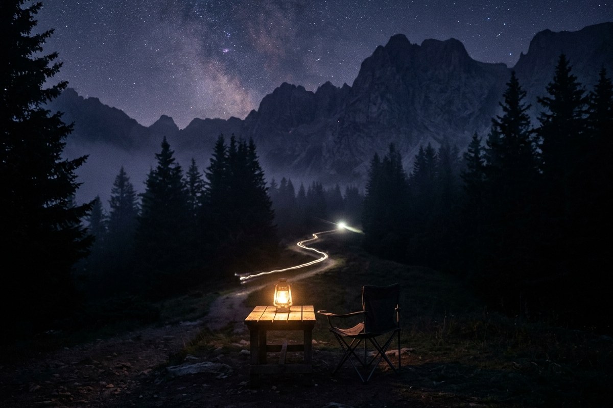 Sentier de montagne désert la nuit, lampe frontale au loin et point de vie éclairé à la lanterne