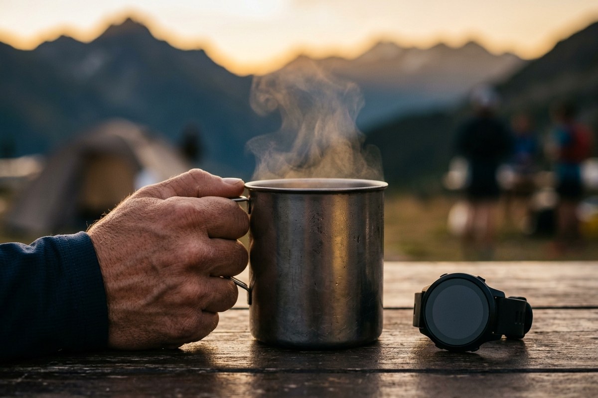 Gros plan sur une tasse de café fumante et une montre GPS posées sur une table de ravitaillement au lever du jour