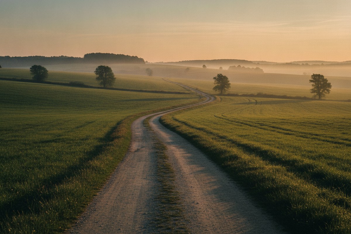 Sentier vallonné de campagne au lever du soleil, terrain ondulé idéal pour le fartlek