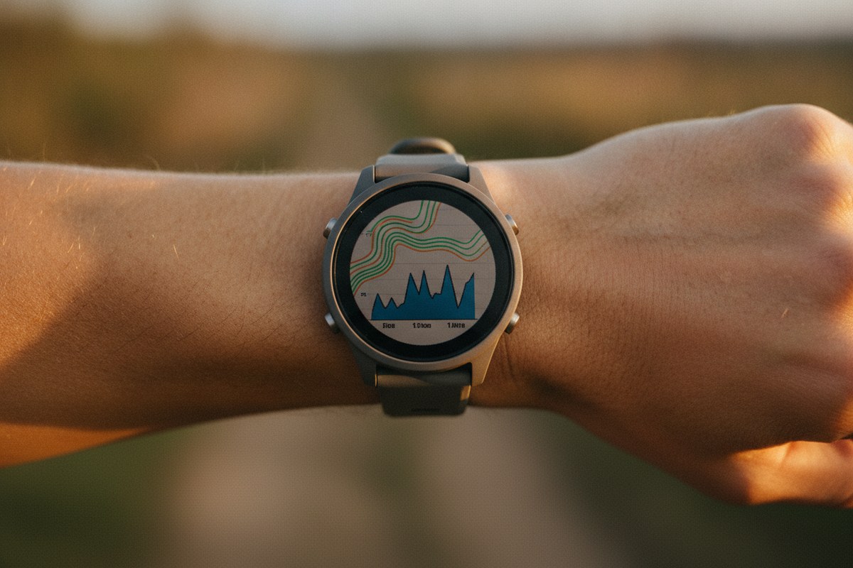Gros plan sur une montre GPS au poignet d'un coureur, données d'allure variée