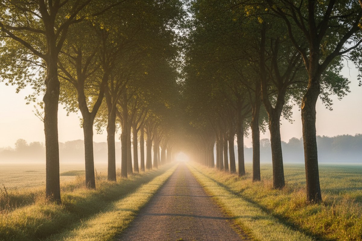 Route de campagne déserte au lever du soleil, idéale pour une sortie longue tranquille