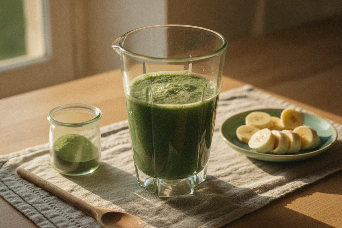 Préparation d'un smoothie vert à la spiruline avec une banane dans une cuisine ensoleillée