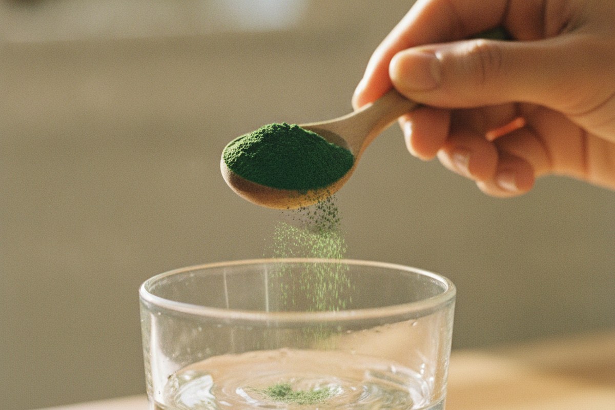 Cuillère de poudre de spiruline versée dans un verre d'eau, gros plan