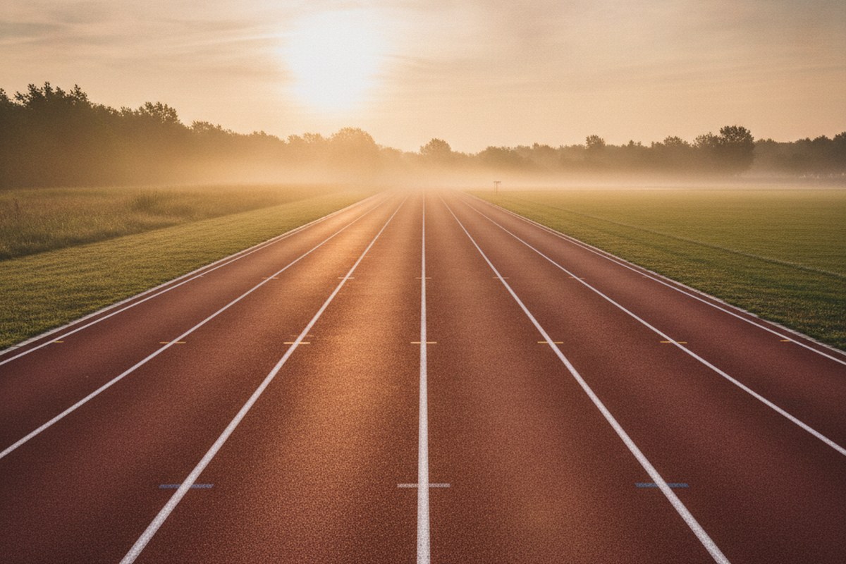 Piste d'athletisme vide au lever du soleil, lignes convergeant vers l'horizon
