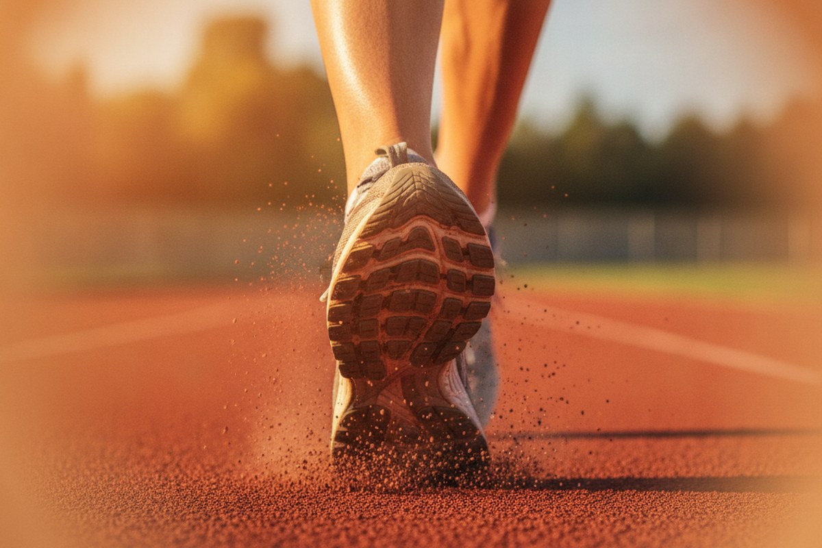 Gros plan sur la semelle d'une chaussure de running en appui sur une piste rouge