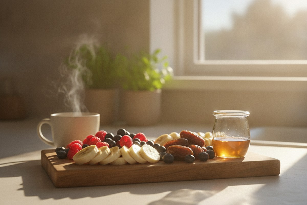 Planche de fruits frais, dattes et pot de miel posés sur une table de cuisine ensoleillée