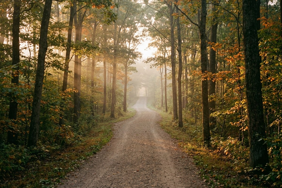 Sentier forestier vide à l'aube, symbole d'une progression pas à pas