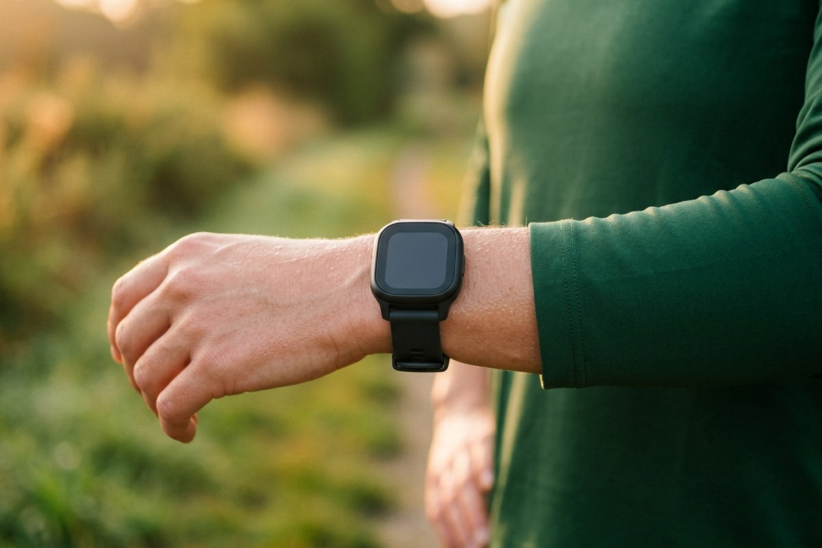 Gros plan sur une montre GPS au poignet d'un coureur, symbole du suivi de charge d'entraînement