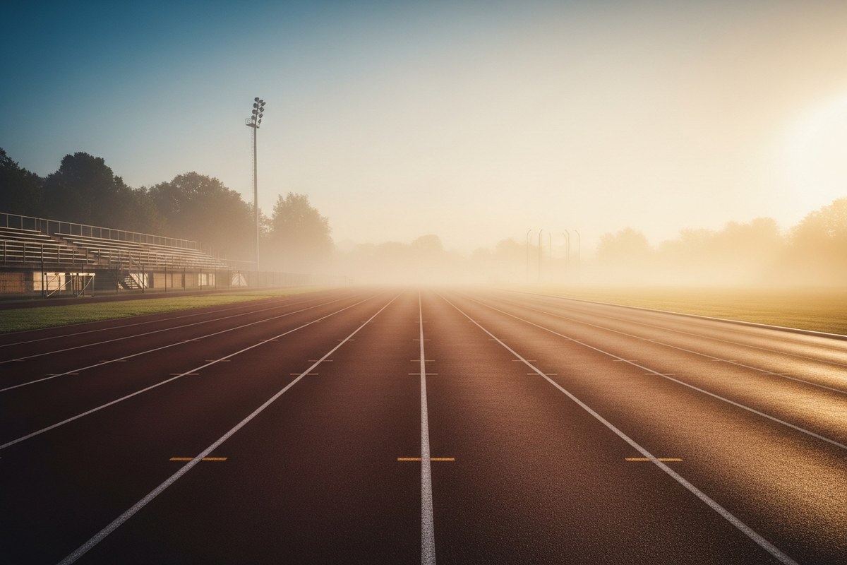 Piste d'athlétisme vide à l'aube avec lumière dorée matinale