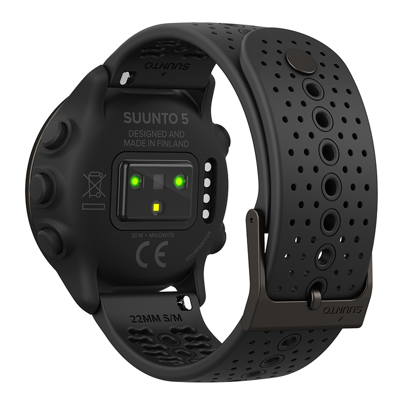 Suunto 5 Peak All Black, vue arrière avec le capteur cardio optique
