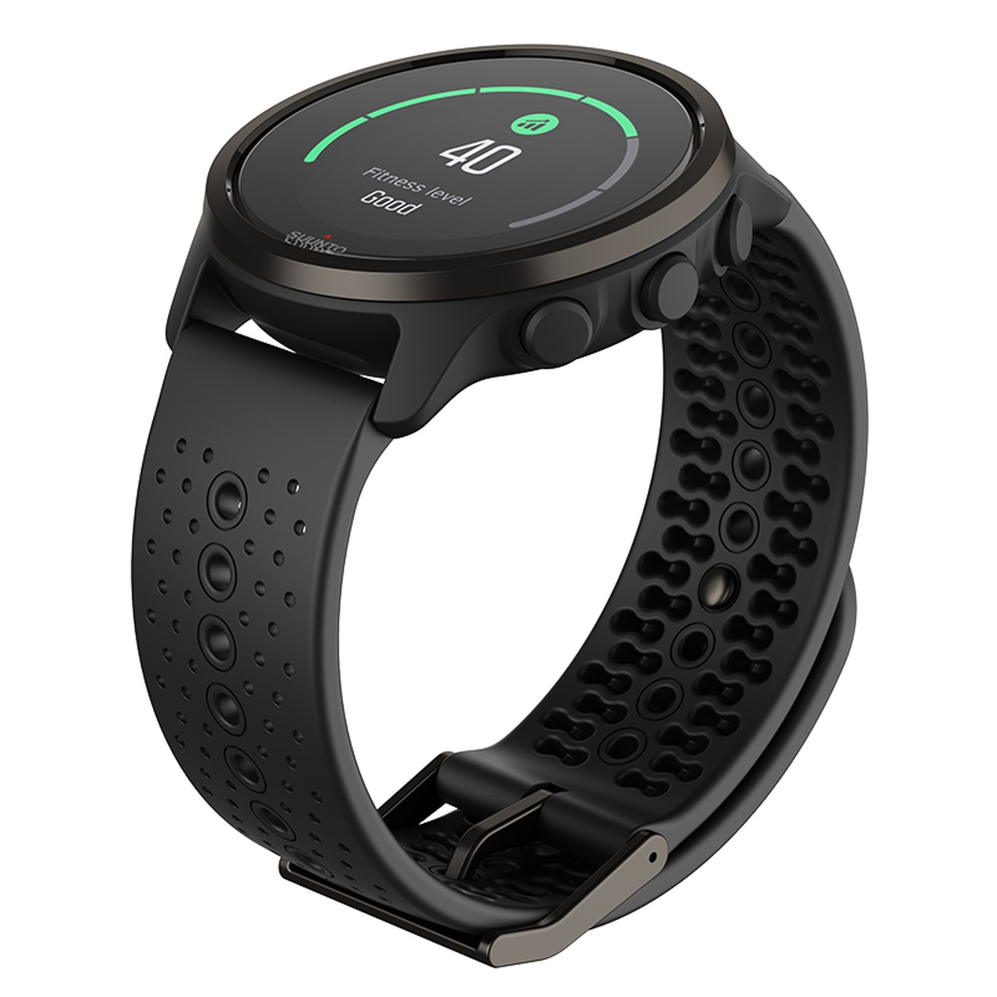 Suunto 5 Peak All Black, vue de trois quarts avec l'écran de niveau de forme