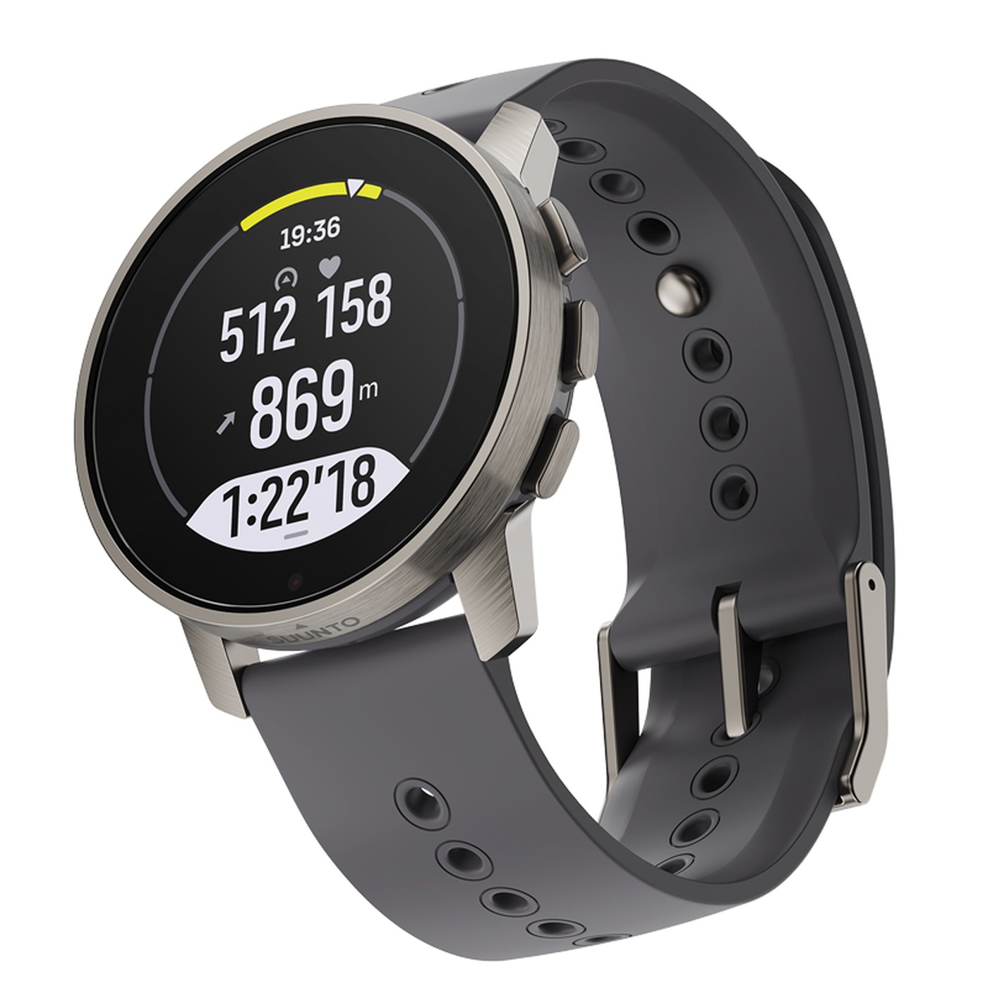 Suunto 9 Peak Pro, profil montrant les boutons et le bracelet