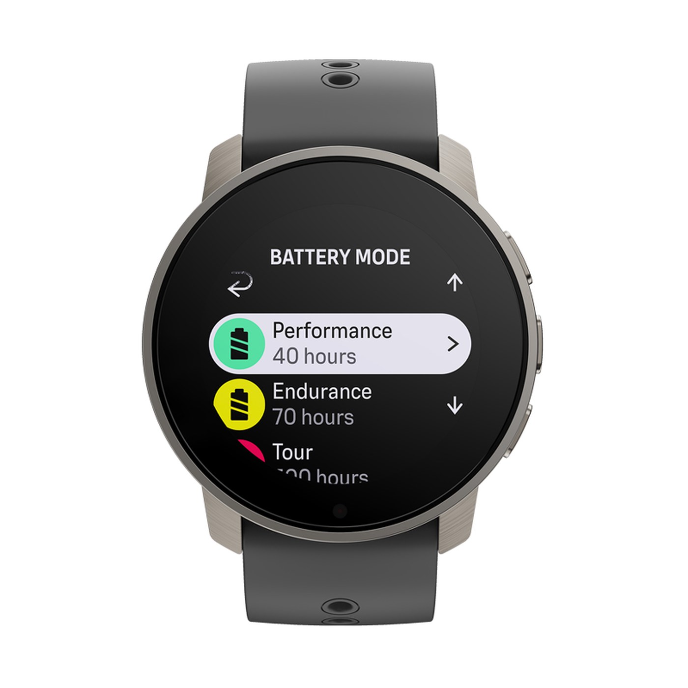 Suunto 9 Peak Pro, écran des modes de batterie Performance, Endurance et Tour