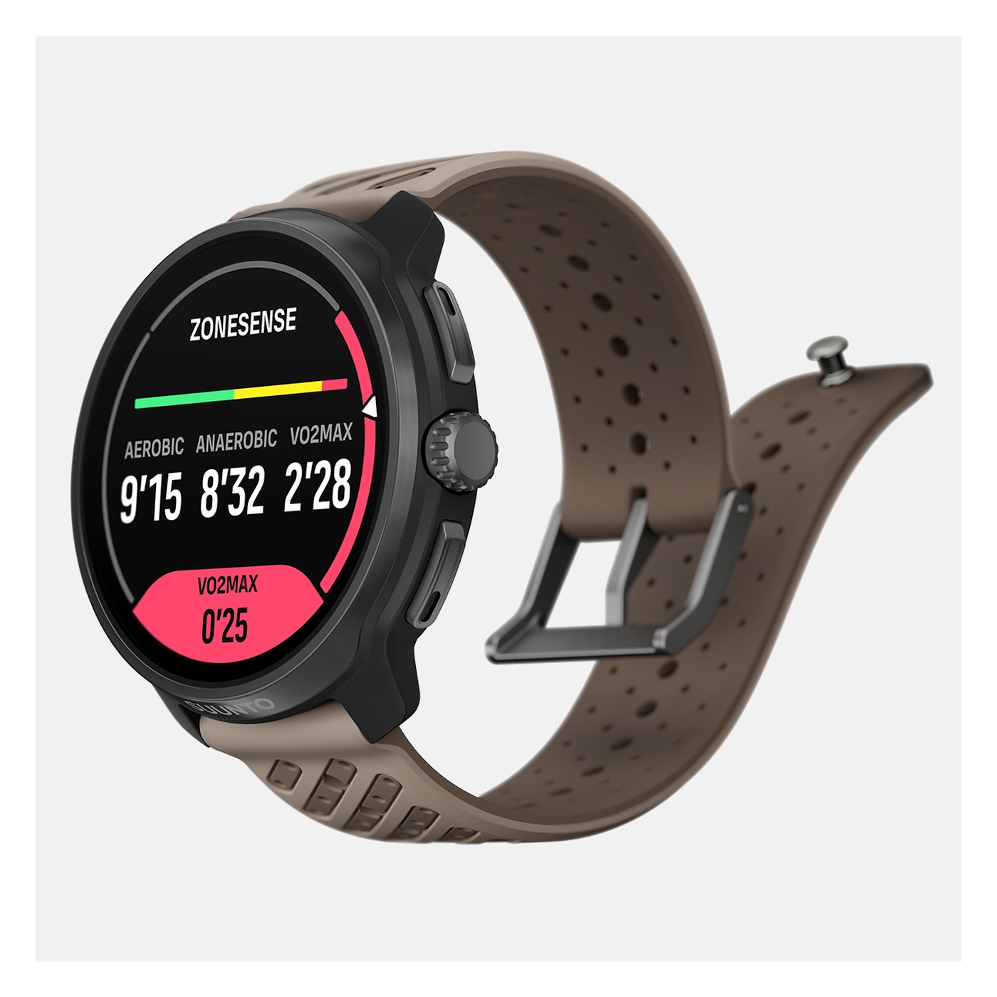 Suunto Race 2 Titanium Trail, vue profil avec couronne rotative et écran ZoneSense