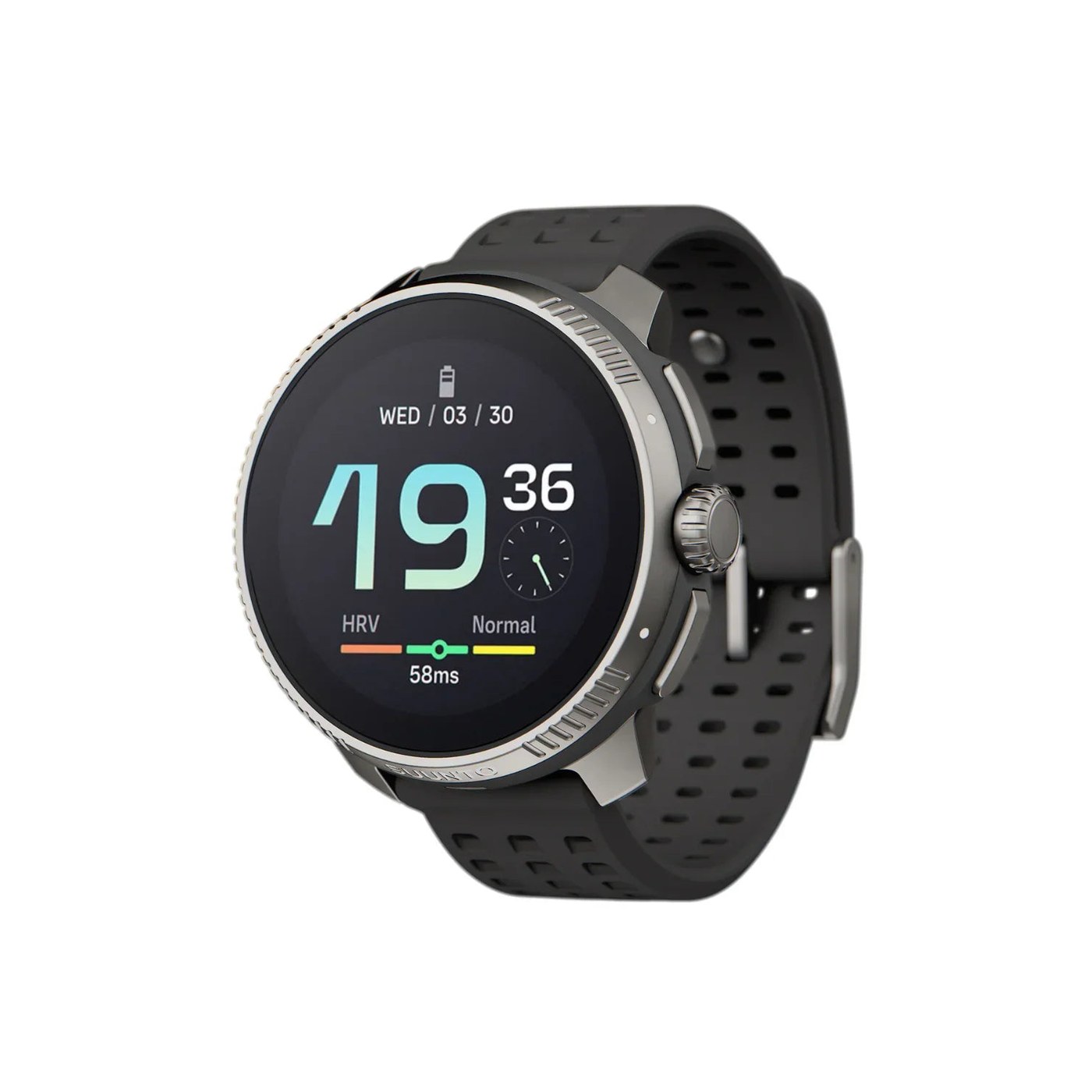 Suunto Race Titanium Charcoal, vue de profil avec couronne digitale