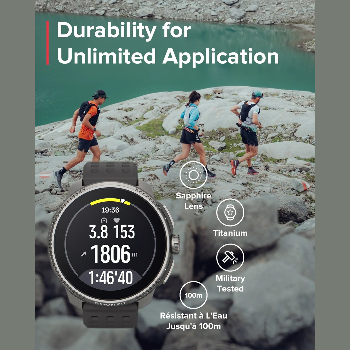 Suunto Race en contexte trail, écran métriques et badges de robustesse