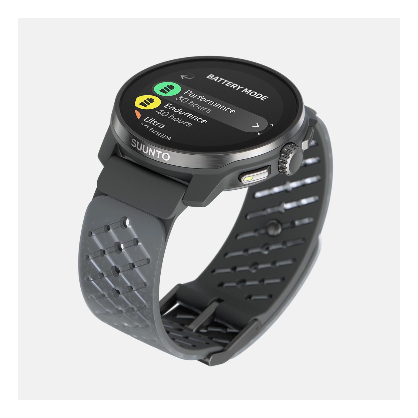 Suunto Race S vue de dessus avec affichage des modes GPS et autonomie