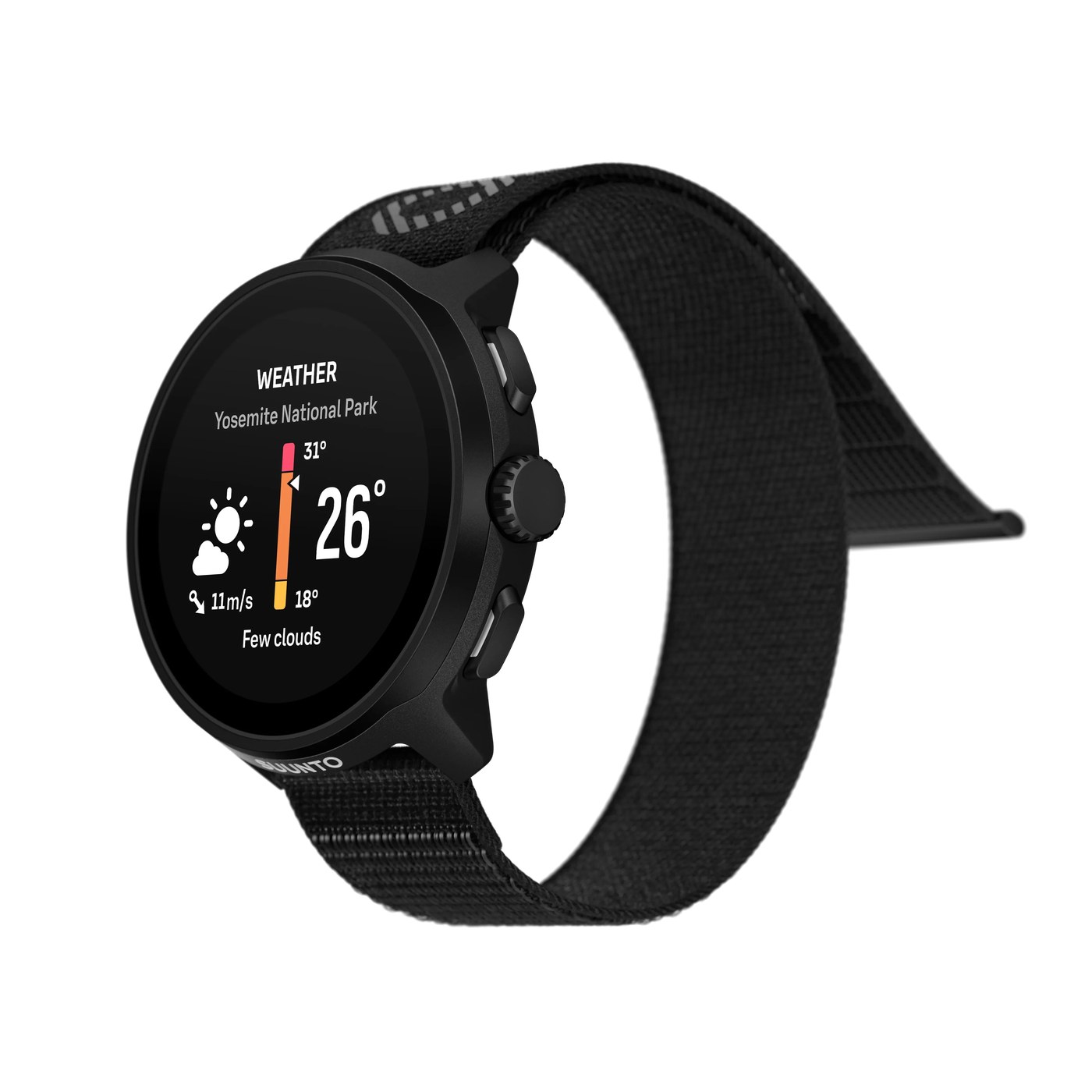 Suunto Run All Black 3/4 droite widget météo Yosemite National Park