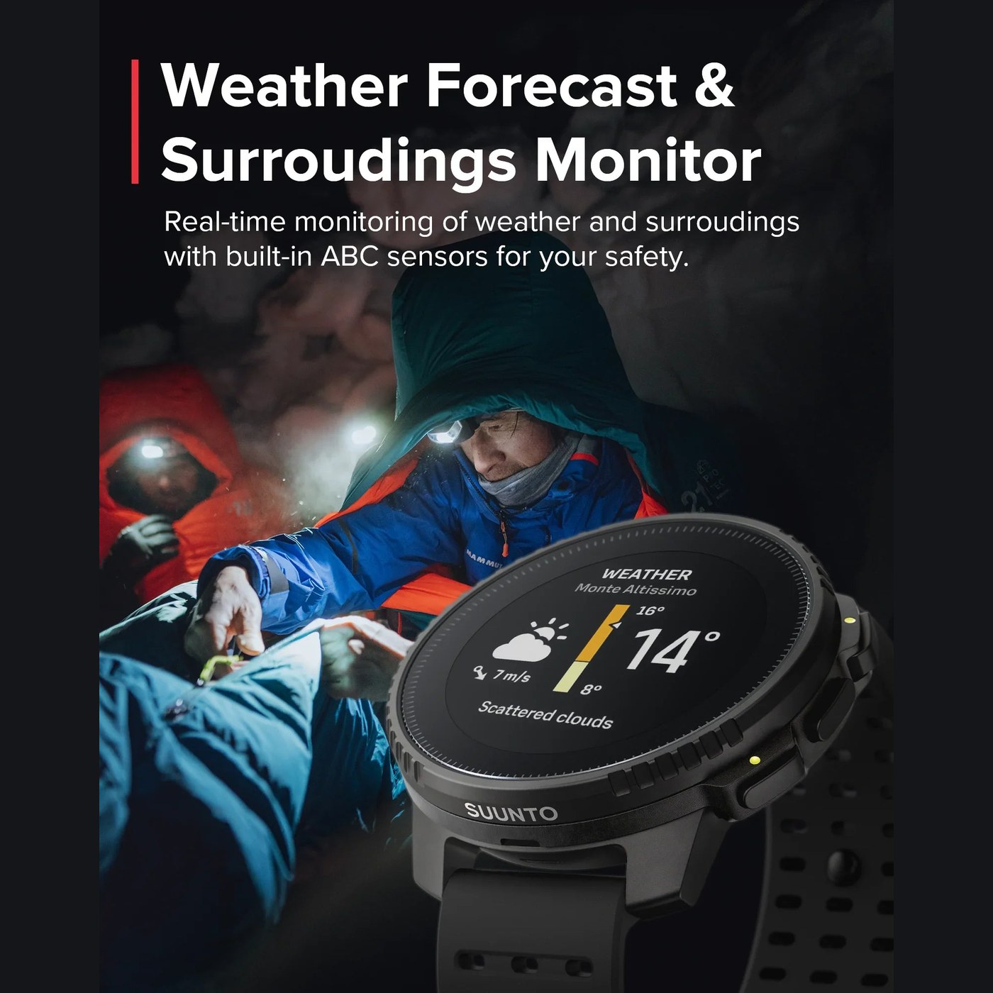 Suunto Vertical au poignet affichant la météo et les conditions