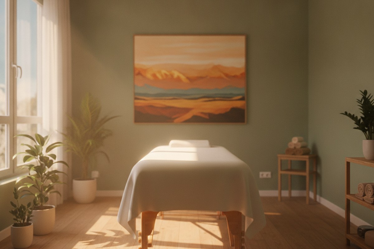 Table de massage dans un cabinet de kinésithérapie du sport, lumière naturelle