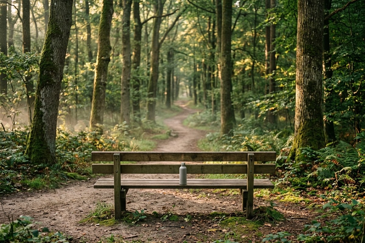 Sentier forestier calme au petit matin avec un banc de bois, invitation à la pause et à la récupération